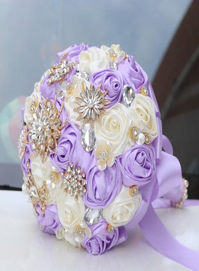 Gkvszy Lilac Ivory Wedding Bridal Bouquet with Rhinestone Brooch Bouquet for Bride Bridesmaid Quinceanera Satin Rose Flower Bouquet Wedding Light Purple Lilac and Ivory 7.5in - Image 3