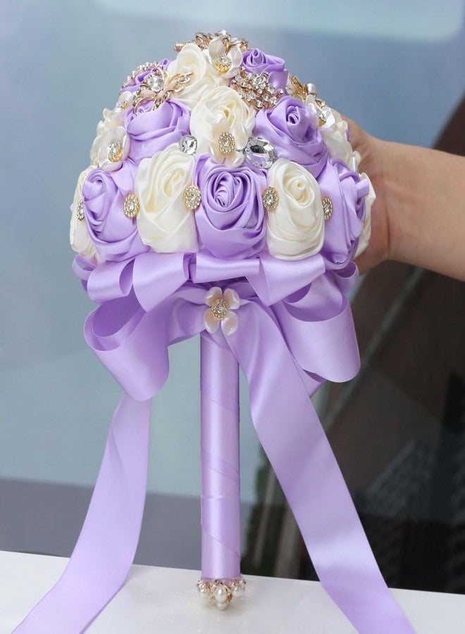 Gkvszy Lilac Ivory Wedding Bridal Bouquet with Rhinestone Brooch Bouquet for Bride Bridesmaid Quinceanera Satin Rose Flower Bouquet Wedding Light Purple Lilac and Ivory 7.5in - Image 2