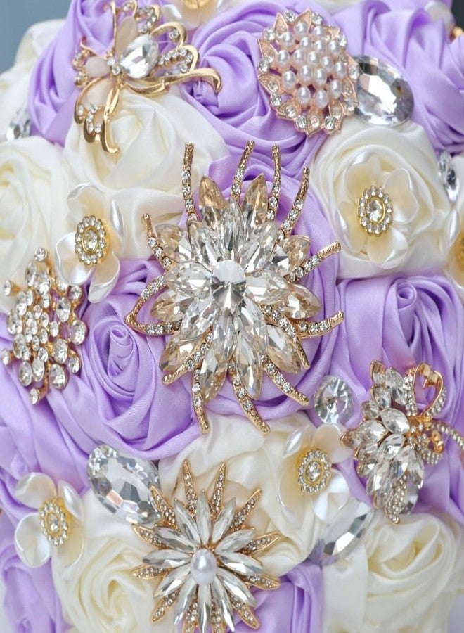 Gkvszy Lilac Ivory Wedding Bridal Bouquet with Rhinestone Brooch Bouquet for Bride Bridesmaid Quinceanera Satin Rose Flower Bouquet Wedding Light Purple Lilac and Ivory 7.5in - Image 4