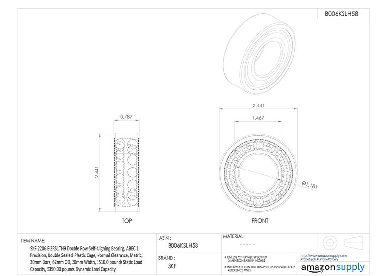 SKF 2206 E-2RS1TN9 Double Row Self-Aligning Bearing, ABEC 1 Precision, Double Sealed, Plastic Cage, Normal Clearance, Metric, 30mm Bore, 62mm OD, 20mm Width, 1510.0 pounds Static Load Capacity, 5350.00 pounds Dynamic Load Capacity - Image 2
