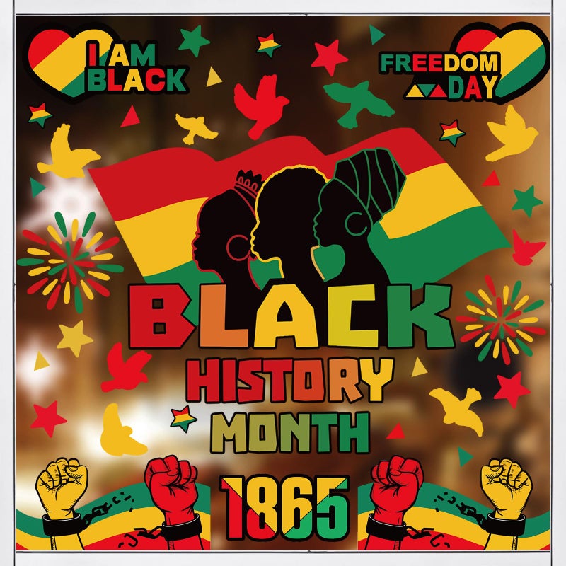 وولاين ملصقات نوافذ قابلة لإعادة الاستخدام من Whaline، 8 أوراق، لشهر التاريخ الأسود، ويوم التحرير (جونتينث)، ويوم الحرية، ومستلزمات حفلات عيد استقلال الأمريكيين من أصل أفريقي. - Image 1