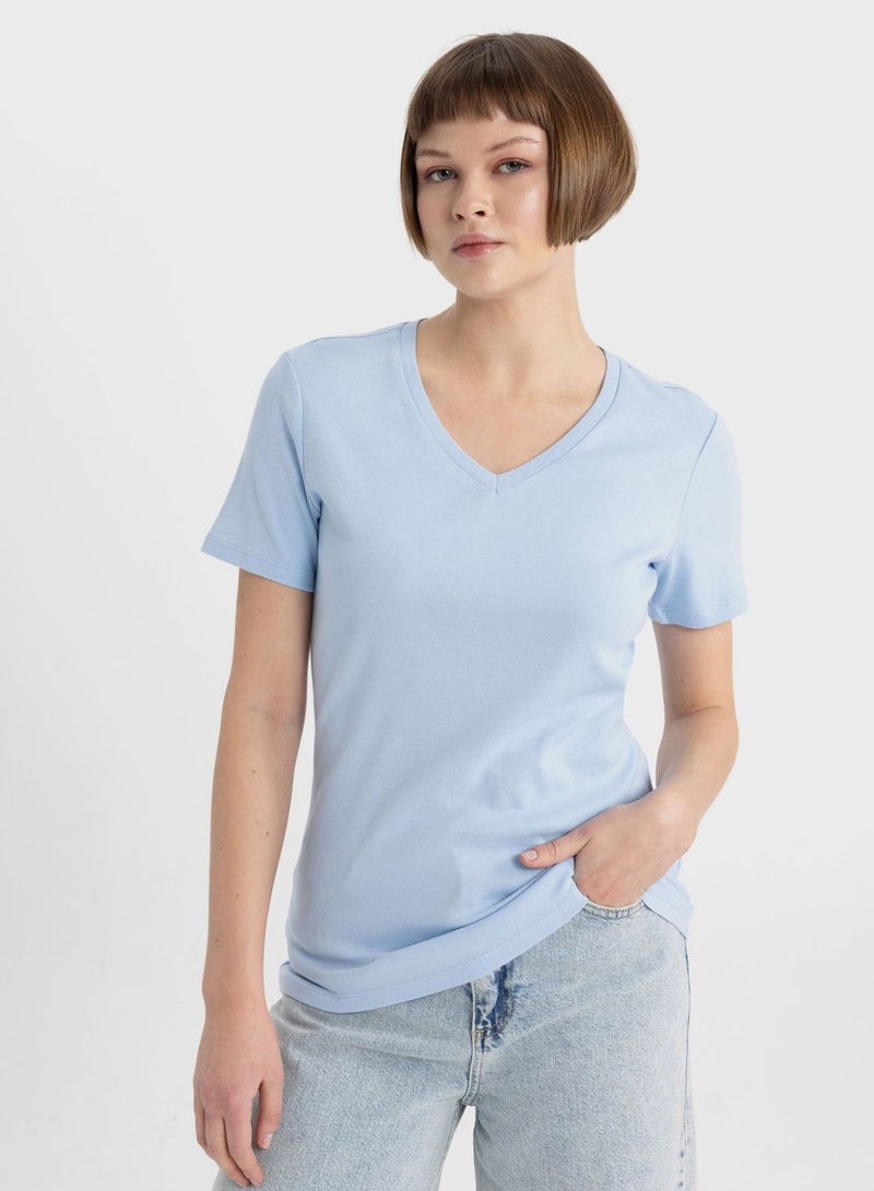 DeFacto Slim Fit V-Neck Ribana Short Sleeve T-Shirt - Image 3
