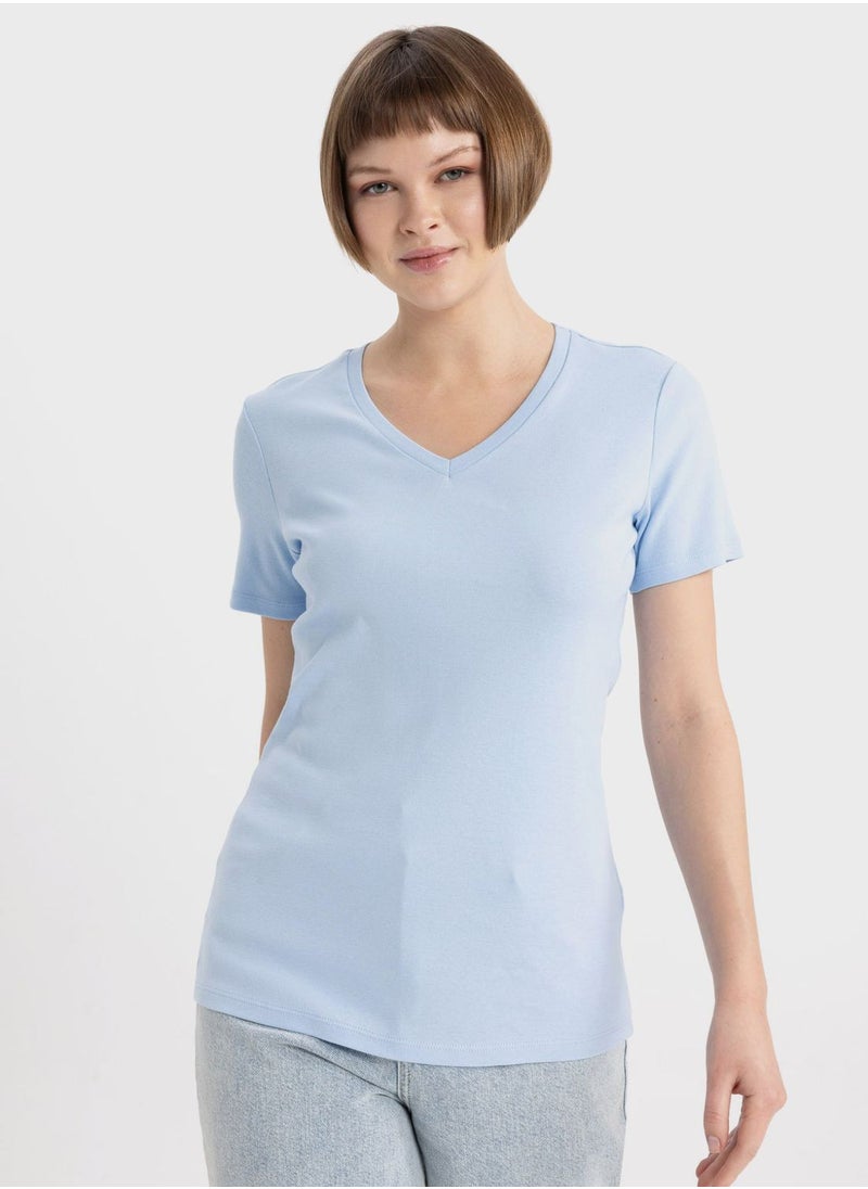 DeFacto - Slim Fit V-Neck Ribana Short Sleeve T-Shirt - Image 1