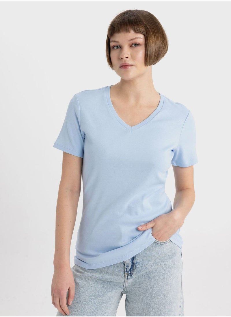 DeFacto - Slim Fit V-Neck Ribana Short Sleeve T-Shirt - Image 1
