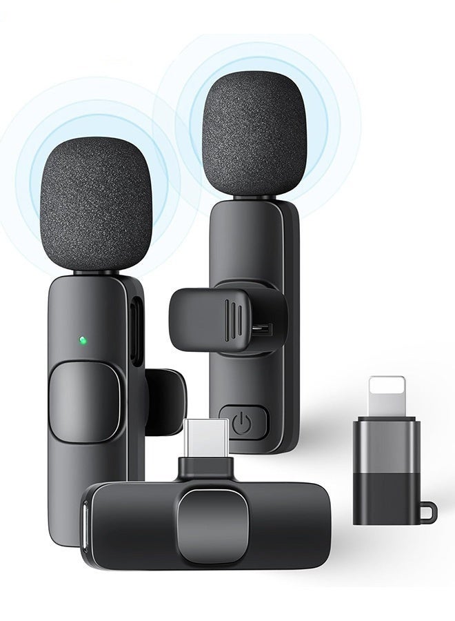 Wireless Lavalier Microphone For Type-C&Lighting Phones - Plug And Play Wireless Microphone With 2 Microphones For Usb-C&Lighting Android Phones And Iphones Video Recording - Interviews - Vlog - Auto Sync And Noise Reduction - 2.4 Ghz - Black