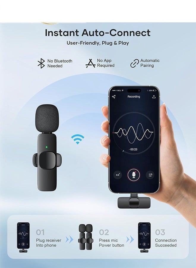 Bukela Professional Wireless Lavalier Lapel Microphone for iPhone, iPad - Cordless Omnidirectional Condenser Recording Mic for Interview Video Podcast Vlog YouTube, Bluetooth, Black(Type C+Lighting interface receiver) - Image 2