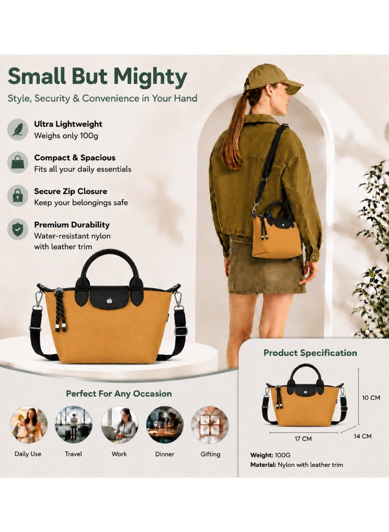 Energy Series Mini Dumpling Handbag, Nylon with Genuine Leather Trim, Mustard Yellow & Black, Crossbody Shoulder Bag - Image 1