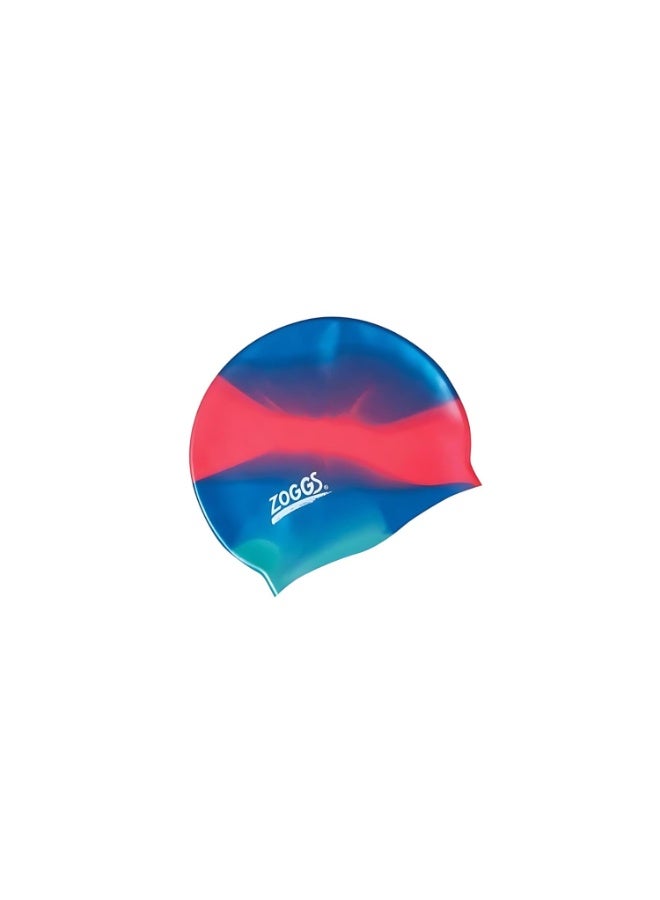 Zoggs Junior Silicone Swimming Cap for Kids | Multi Colour Blue and Red Swim Cap with Embossed Non-Slip Inner Surface | Superior Comfort Fit | Keeps Hair Away from Face During Swim | 465012-BLRD