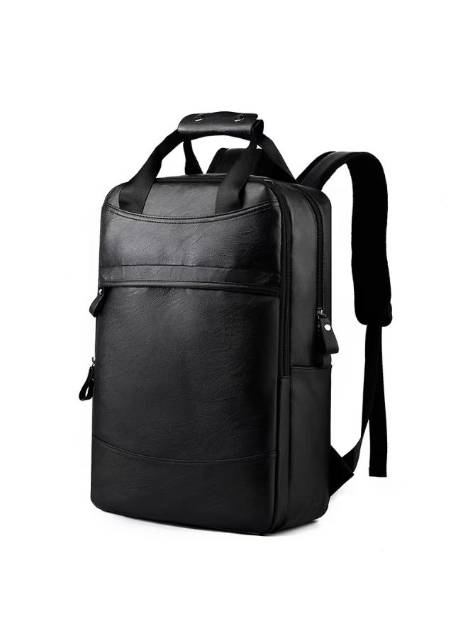 حقيبة ظهر رجالية للأعمال بسعة كبيرة مصنوعة من الجلد الأسود بتصميم بسيط مقاس 16 بوصة، حقيبة كمبيوتر محمول متعددة الوظائف، كاميرا، جهاز لوحي، حقيبة حمل متعددة الاستخدامات - Image 1