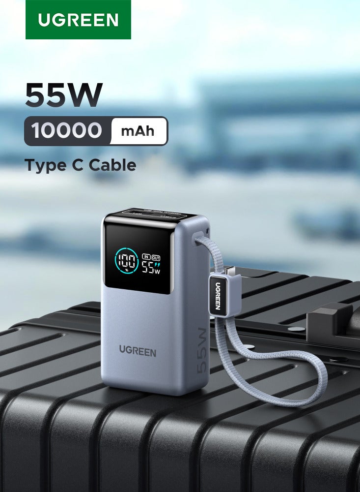 Ugreen 10000mAh 55W Pocket Size Power Bank Fast Charging with Built-in Cable, Compact Portable Small size Fast Charger Battery Pack with Smart TFT Digital Display, 35W Fast Input, Powerbank for Samsung, iPhone, Xiaomi Devices and Travel Use-Silver 10000 55W Mini Braided C cable-Silver - Image 1