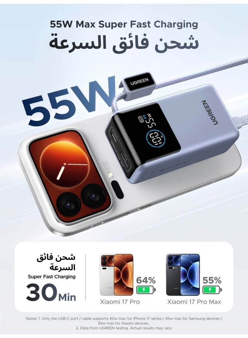 Ugreen 10000mAh 55W Pocket Size Power Bank Fast Charging with Built-in Cable, Compact Portable Small size Fast Charger Battery Pack with Smart TFT Digital Display, 35W Fast Input, Powerbank for Samsung, iPhone, Xiaomi Devices and Travel Use-Silver 10000 55W Mini Braided C cable-Silver - Image 4