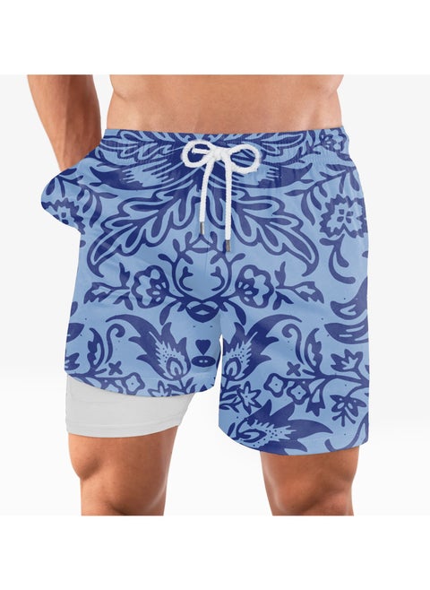 Leaves Printed  polyester Waterproof Swimming Wear, Dark Blue.