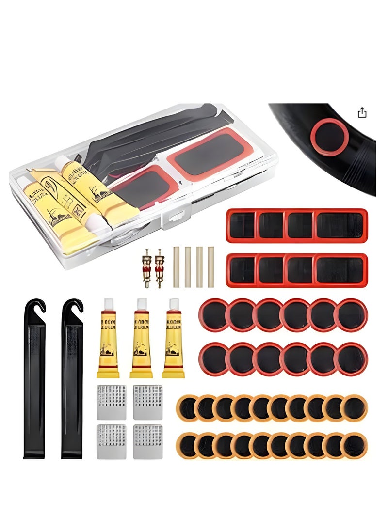BUWEI - Puncture Bike Tire Repair Kit, 40 pcs Tire Patches and 4pcs Metal Rasps, 3 Tyre sealant，2 Valve，2 Crowbar，4 Rubber tube，Bicycle Tire Repair Kit, Practical Bike Tire Patch Kit Road Bike Tire Patch Tool Easy & Quick Repair for Bicycles(55pcs) - Image 1