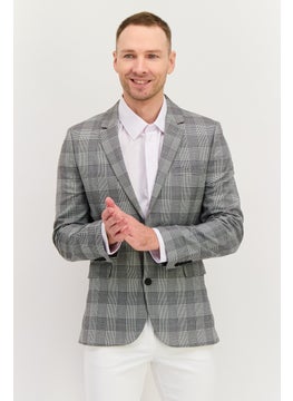 Asos Design Men Regular Fit Whale Check Semi- Formal Suit Blazer, Grey  - Image 1