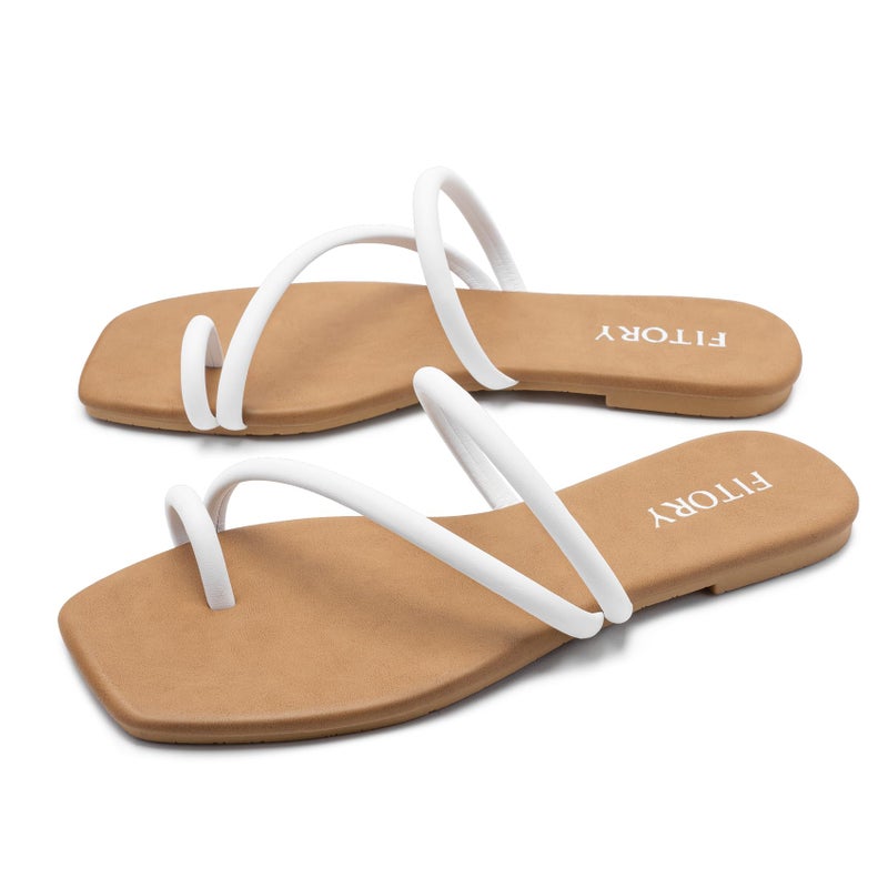 FITORY Women's Cross Strap Flat Sandals,Fashionable Toe Ring Thong,Open Toe Slide Shoes for Summer White Size 9 - Image 5