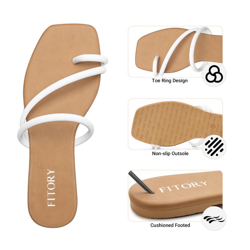 FITORY Women's Cross Strap Flat Sandals,Fashionable Toe Ring Thong,Open Toe Slide Shoes for Summer White Size 9 - Image 3