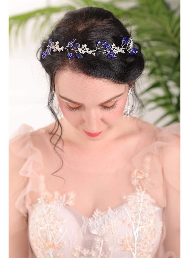 Fxmimior Bridal Headpiece Blue Sapphire Rhinestone Headband Blue Crystal Hair Vine Silver Bridal Headbands for Wedding Party Wedding Hair Jewelry(Heaband) - Image 5