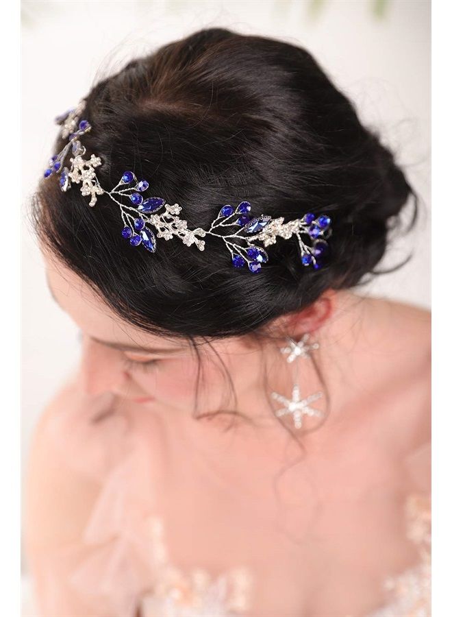 Fxmimior Bridal Headpiece Blue Sapphire Rhinestone Headband Blue Crystal Hair Vine Silver Bridal Headbands for Wedding Party Wedding Hair Jewelry(Heaband) - Image 2