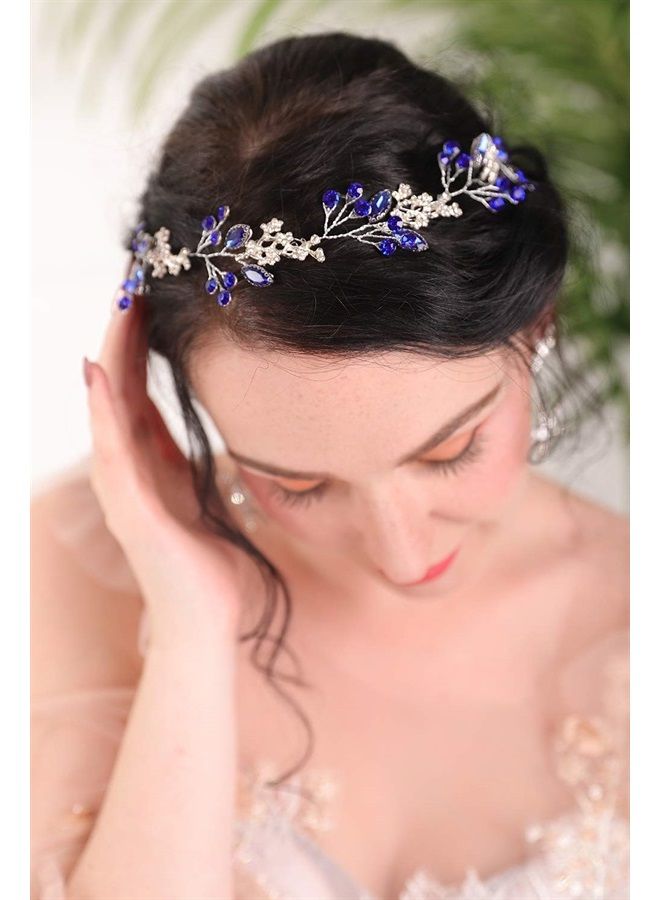 Fxmimior Bridal Headpiece Blue Sapphire Rhinestone Headband Blue Crystal Hair Vine Silver Bridal Headbands for Wedding Party Wedding Hair Jewelry(Heaband) - Image 3