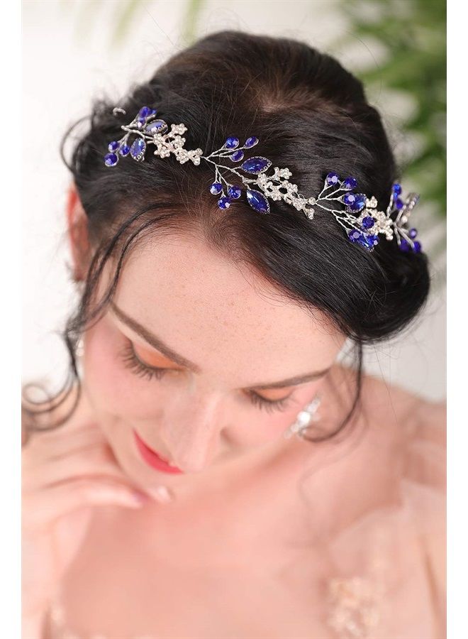 Fxmimior Bridal Headpiece Blue Sapphire Rhinestone Headband Blue Crystal Hair Vine Silver Bridal Headbands for Wedding Party Wedding Hair Jewelry(Heaband) - Image 4