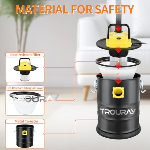 TROURAY Ash Vacuum Cleaner,2.6 Gallon Heat-Resistant Lightweight Canister Vac Cleaners with 800W Powerful Suction and Blowing for Home - Image 2