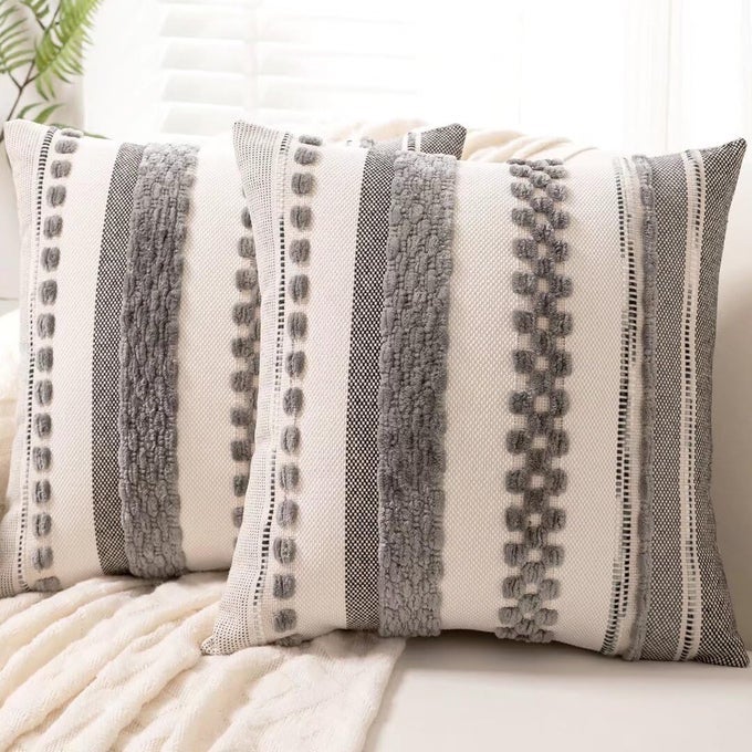 BOHO THROW PILLOW COVERS 18X18 SET OF 2 FARMHOUSE DECORATIVE CUSHION CASE STRIPED SQUARE PILLOWS COVER CHENILLE PILLOW CASES ACCENT NEUTRAL PILLOWCASE FOR SOFA COUCH BEDGRAY
