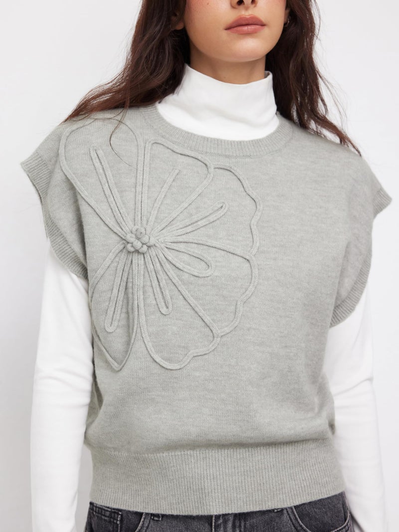 CIDER Women's Sweaters Vest Casual Short Sleeve Crewneck Knit Floral Cute Sweater Trendy Spring Outfit: Grey, L - Image 2