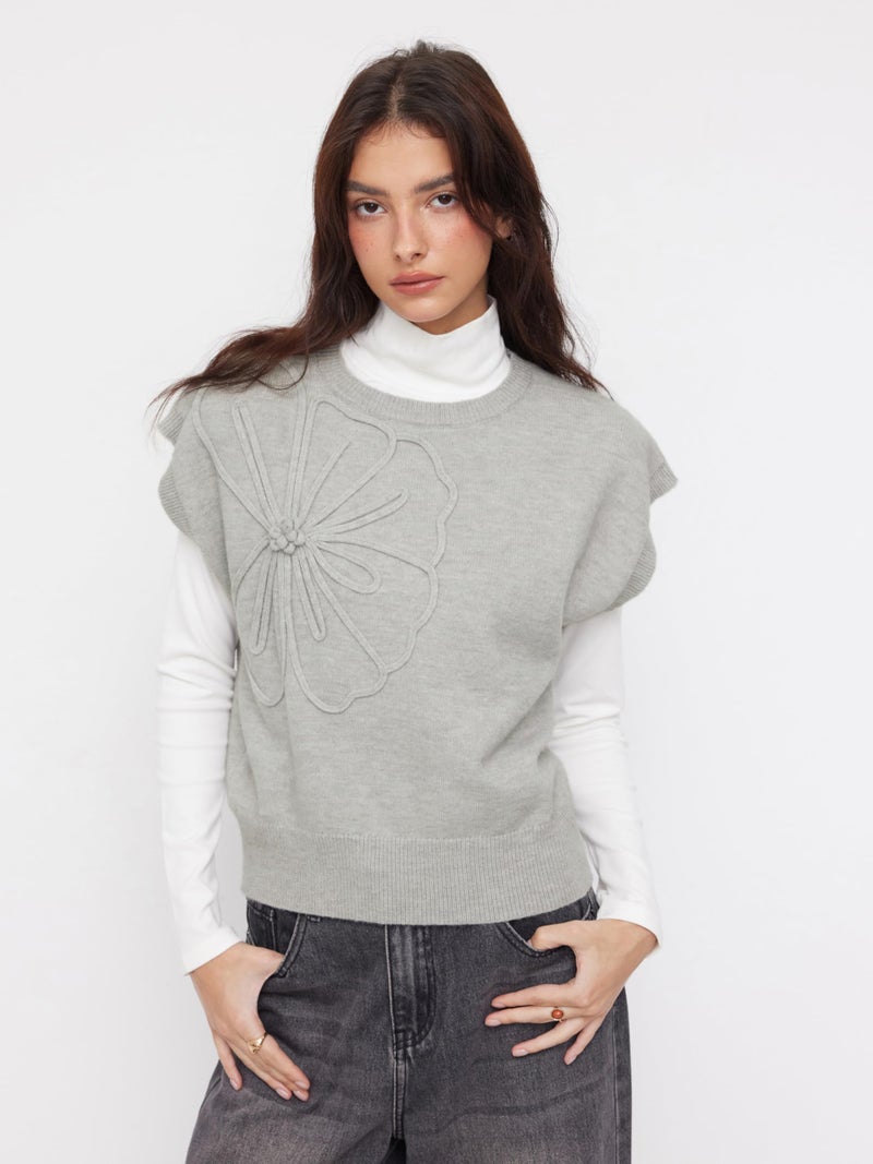 CIDER Women's Sweaters Vest Casual Short Sleeve Crewneck Knit Floral Cute Sweater Trendy Spring Outfit: Grey, L - Image 5