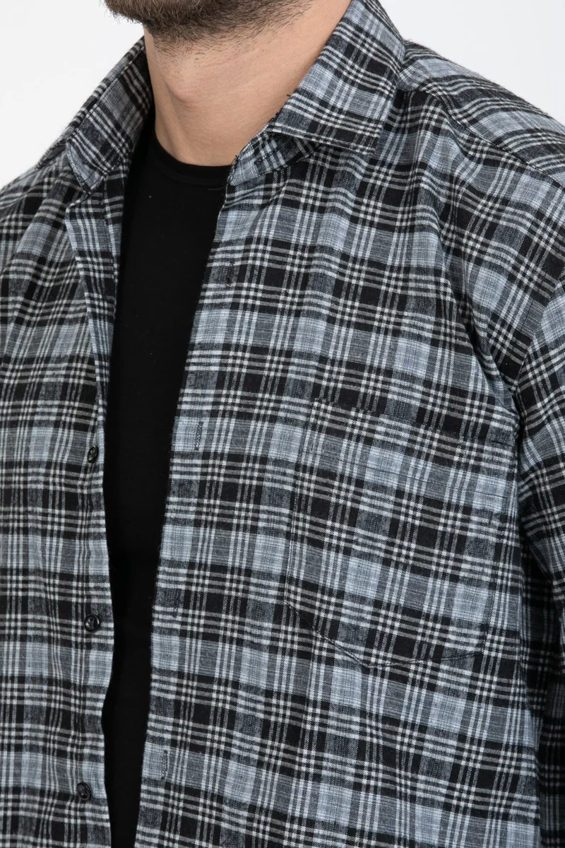 Varetta Men's Gray Long Sleeve Pocket Checked Thick Winter Shirt