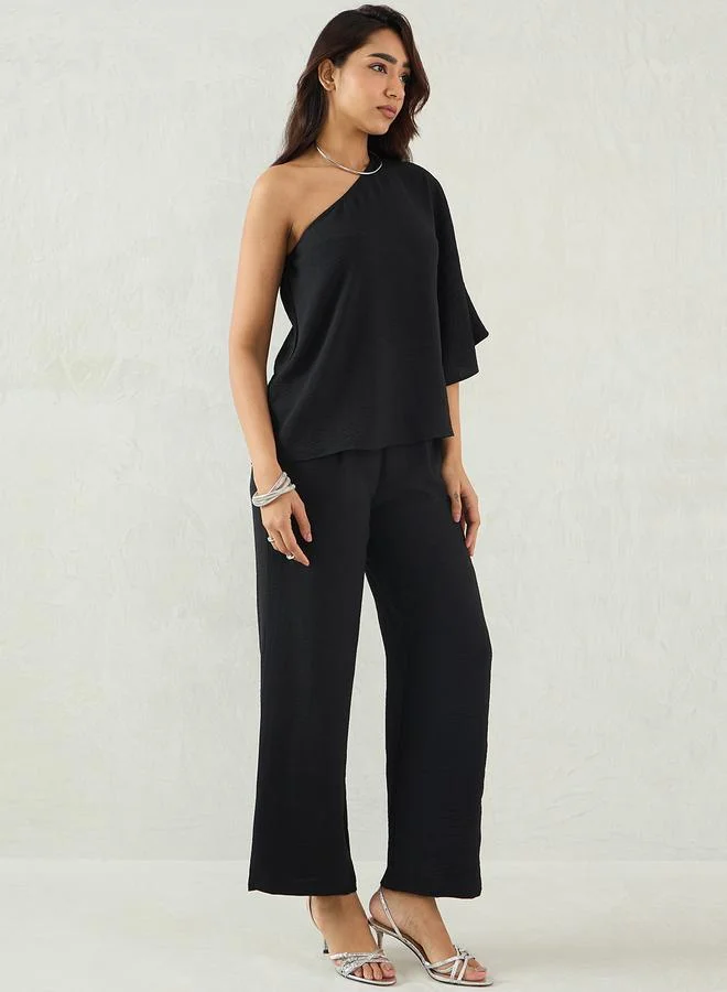 Femmella Black One Shoulder Top and Trousers Co-Ords