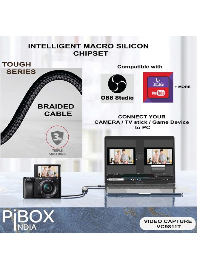 pibox India بطاقة التقاط الفيديو، متينة مضفرة، 4K HDMI إلى USB 3.0 جهاز التقاط الألعاب من الألمنيوم لنظام ويندوز أندرويد ماك، بطاقة فيديو وصوت HD 1080P للبث المباشر للألعاب، التعليم والبث المباشر - Image 3