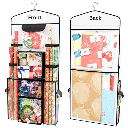 ProPik Hanging Double-Sided Gift Wrap Organizer, Wrapping Paper Storage with Multiple Front and Back Pockets, Organize Your Gift Bags Bows Ribbons 40”X17" Fits 40 Inch Rolls (Black seam) - Image 1