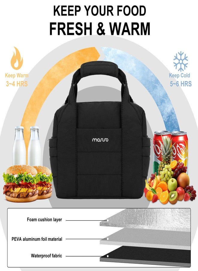 MOSISO Lunch Box, Lunch Box for Women, Soft Quilted Puffer Insulated Lunch Bag, Reusable Leakproof Large Cooler Lunch Tote Bags with Front Buckle Pocket&Handle&Shoulder Strap for Work, Picnic, Black - Image 5