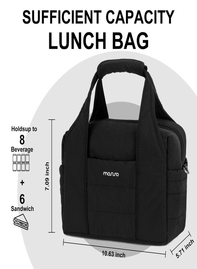 MOSISO Lunch Box, Lunch Box for Women, Soft Quilted Puffer Insulated Lunch Bag, Reusable Leakproof Large Cooler Lunch Tote Bags with Front Buckle Pocket&Handle&Shoulder Strap for Work, Picnic, Black - Image 4