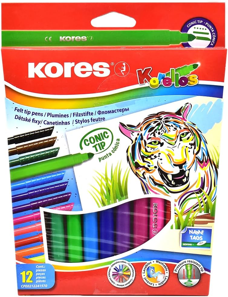 Kores - Korellos 12 Coloured Felt Tip Pens for Kids and Adults with Tapered Tip, Washable and Durable, School Supplies Set of 12 Different Colours - Image 1