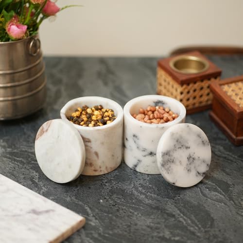 Little eXtra Marble Mason Jars with Lid, White and Brown- Round Small Jars Ideal for Food Storage, Dry Fruit Container, Salt and Pepper Cellar Box (Pack of 2) - Image 1
