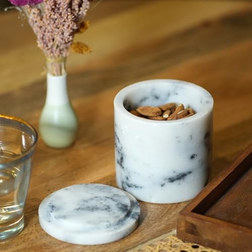 Little eXtra Marble Mason Jars with Lid, White and Brown- Round Small Jars Ideal for Food Storage, Dry Fruit Container, Salt and Pepper Cellar Box (Pack of 2) - Image 2