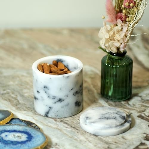 Little eXtra Marble Mason Jars with Lid, White and Brown- Round Small Jars Ideal for Food Storage, Dry Fruit Container, Salt and Pepper Cellar Box (Pack of 2) - Image 3