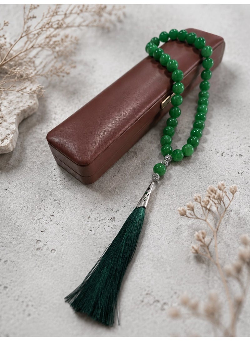 Slema Emerald Green Glossy Crystal 33 Tashiha Prayer Beads Tasbih 12mm, Muslim Misbaha Rosary with Dark Green Tassel for Daily Dhikr & Eid Religious Gift - Image 5
