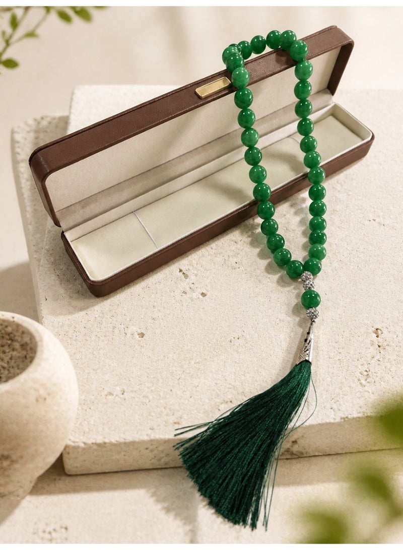 Slema Emerald Green Glossy Crystal 33 Tashiha Prayer Beads Tasbih 12mm, Muslim Misbaha Rosary with Dark Green Tassel for Daily Dhikr & Eid Religious Gift - Image 4