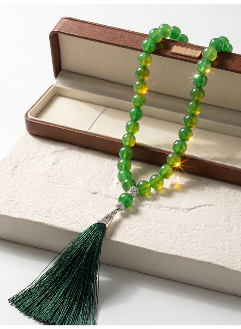 Slema Emerald Green Glossy Crystal 33 Tashiha Prayer Beads Tasbih 12mm, Muslim Misbaha Rosary with Dark Green Tassel for Daily Dhikr & Eid Religious Gift - Image 2
