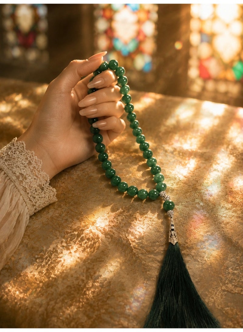 Slema Emerald Green Glossy Crystal 33 Tashiha Prayer Beads Tasbih 12mm, Muslim Misbaha Rosary with Dark Green Tassel for Daily Dhikr & Eid Religious Gift - Image 3