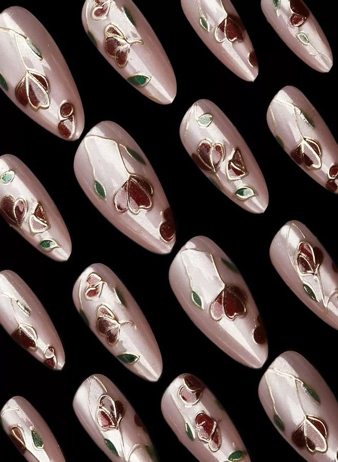 CTTHNBD Almond Press on Nails Medium Fake Nails Pink False Nails Flower Acrylic Nails with Gold Line Design Glue on Nails Glossy Full Cover Stick on Nails Elegant Artificial Nails for Women Manicure 24Pcs - Image 4