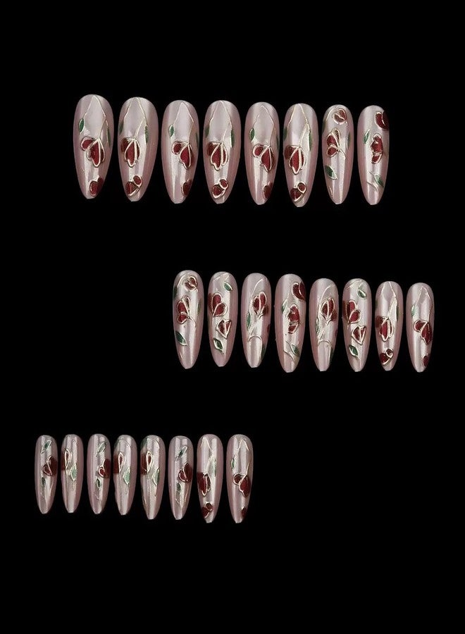 CTTHNBD Almond Press on Nails Medium Fake Nails Pink False Nails Flower Acrylic Nails with Gold Line Design Glue on Nails Glossy Full Cover Stick on Nails Elegant Artificial Nails for Women Manicure 24Pcs - Image 3