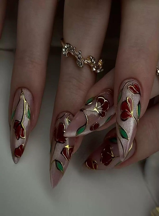 CTTHNBD Almond Press on Nails Medium Fake Nails Pink False Nails Flower Acrylic Nails with Gold Line Design Glue on Nails Glossy Full Cover Stick on Nails Elegant Artificial Nails for Women Manicure 24Pcs - Image 2