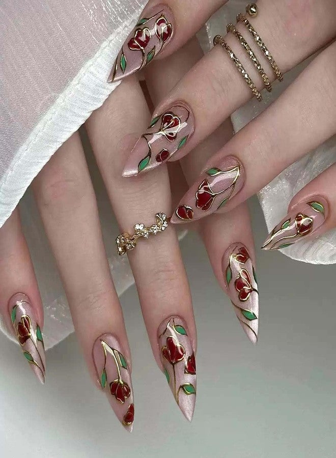 CTTHNBD Almond Press on Nails Medium Fake Nails Pink False Nails Flower Acrylic Nails with Gold Line Design Glue on Nails Glossy Full Cover Stick on Nails Elegant Artificial Nails for Women Manicure 24Pcs - Image 1