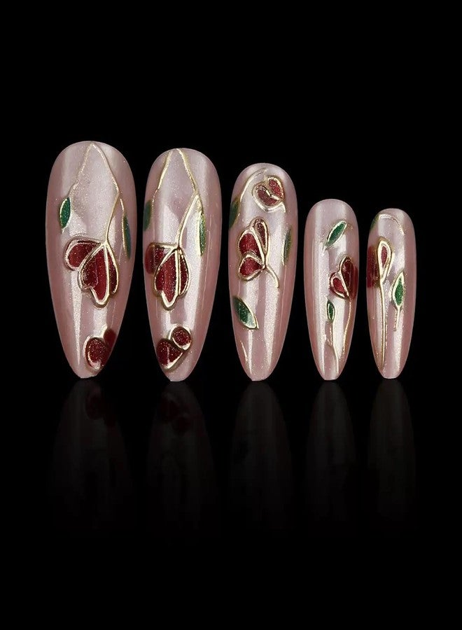 CTTHNBD Almond Press on Nails Medium Fake Nails Pink False Nails Flower Acrylic Nails with Gold Line Design Glue on Nails Glossy Full Cover Stick on Nails Elegant Artificial Nails for Women Manicure 24Pcs - Image 5