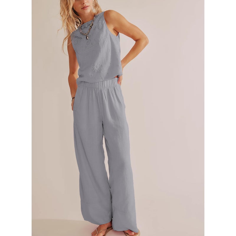 SeeLuNa Linen Pants for Women Cotton Baggy Boho Casual Palazzo Pants Wide Leg Long Lounge Trousers with Pockets(Gray,M) - Image 3