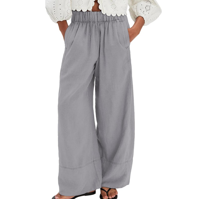 SeeLuNa Linen Pants for Women Cotton Baggy Boho Casual Palazzo Pants Wide Leg Long Lounge Trousers with Pockets(Gray,M) - Image 1