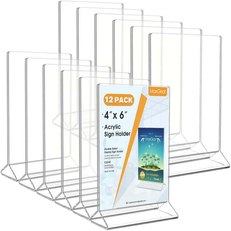 MaxGear Acrylic Sign Holder Table Card Display 4 X 6 inches Clear Sign Display Holder Plastic Table Menu Stand Double Sided Ad Picture Frame for Office, Home, Store, Restaurant, 12 Pack - Image 1